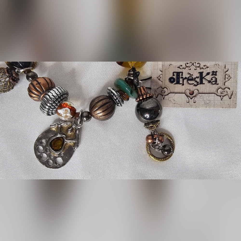 Vintage Treska Beaded Charm Stretch Bracelet -Mixed Metals & Amber Accents Boho - Picture 2 of 7